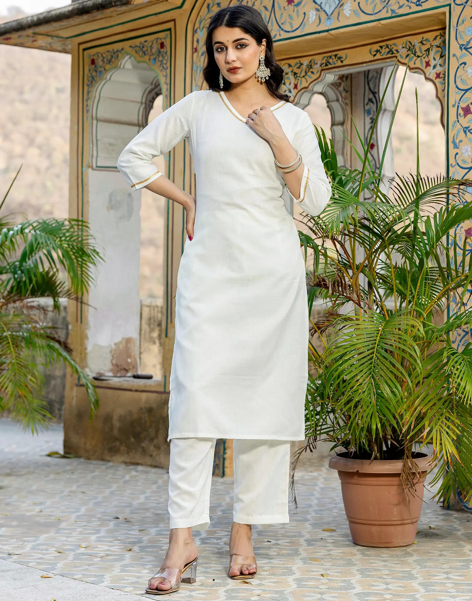 Cotton Blend Gota Lace Straight 3 Piece Kurta Set