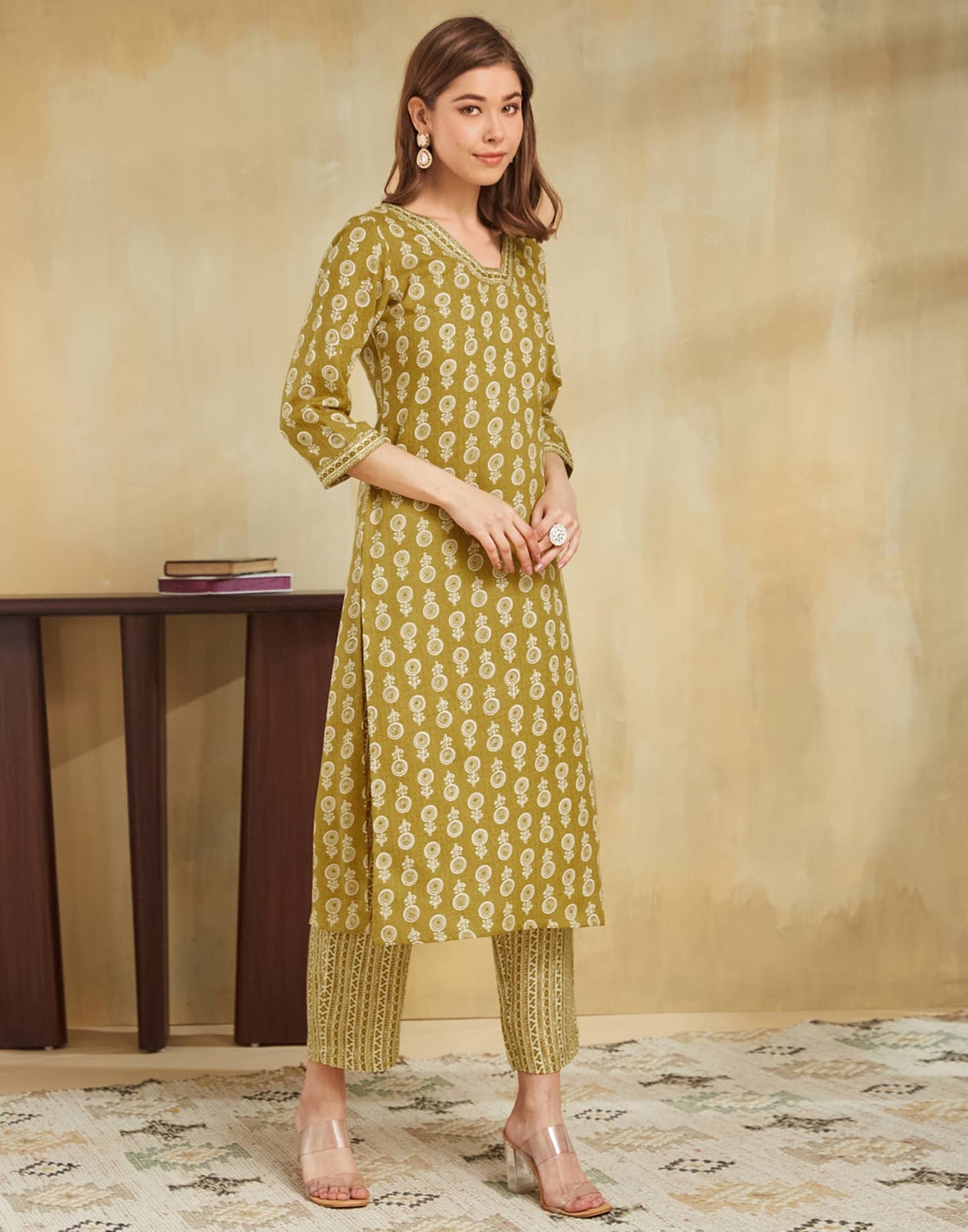 Cotton Blend Printed and Lace Straight Kurta with Pant & Dupatta