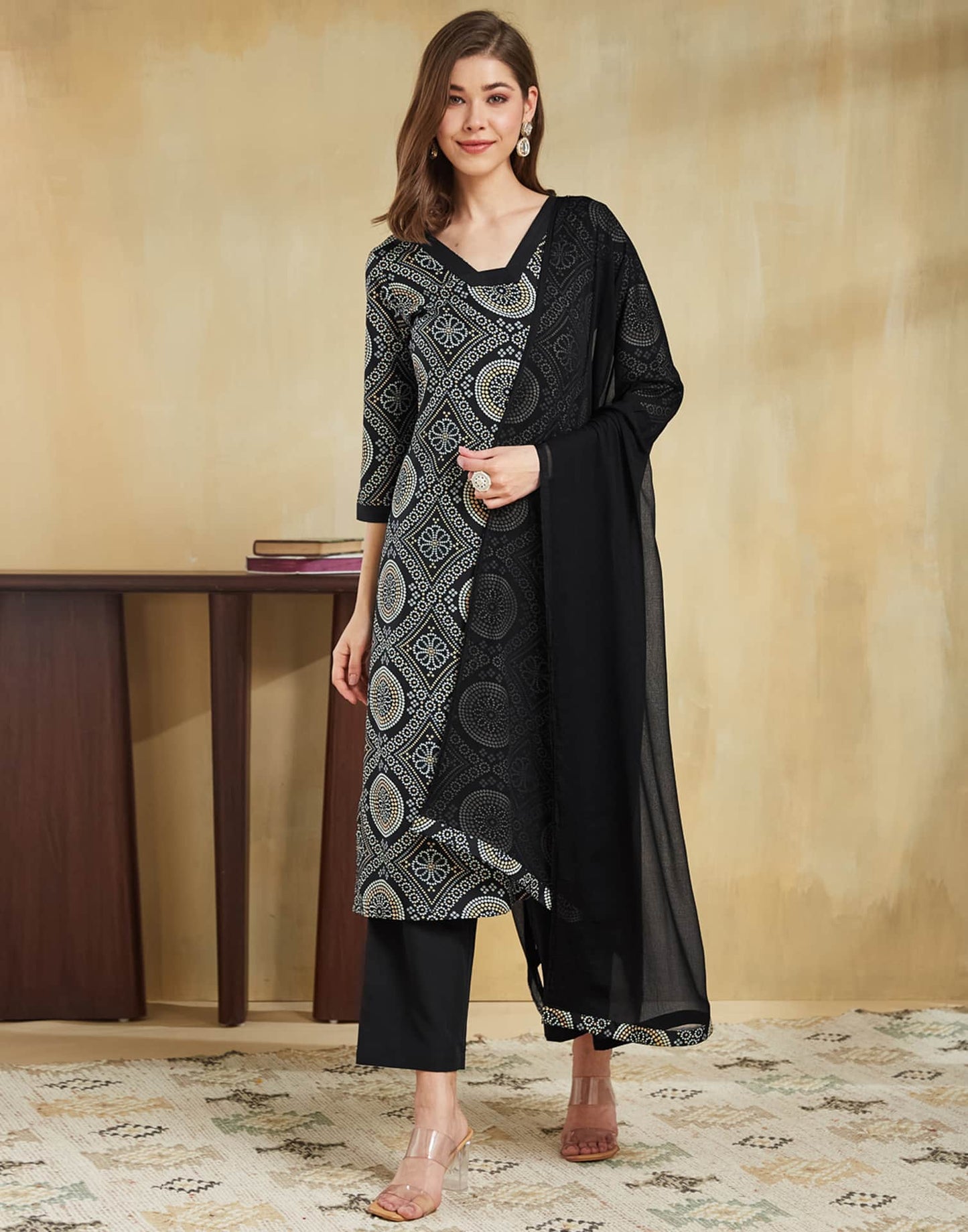 Crepe Bandhani Print and Lace Straight Kurta with Pant & Dupatta