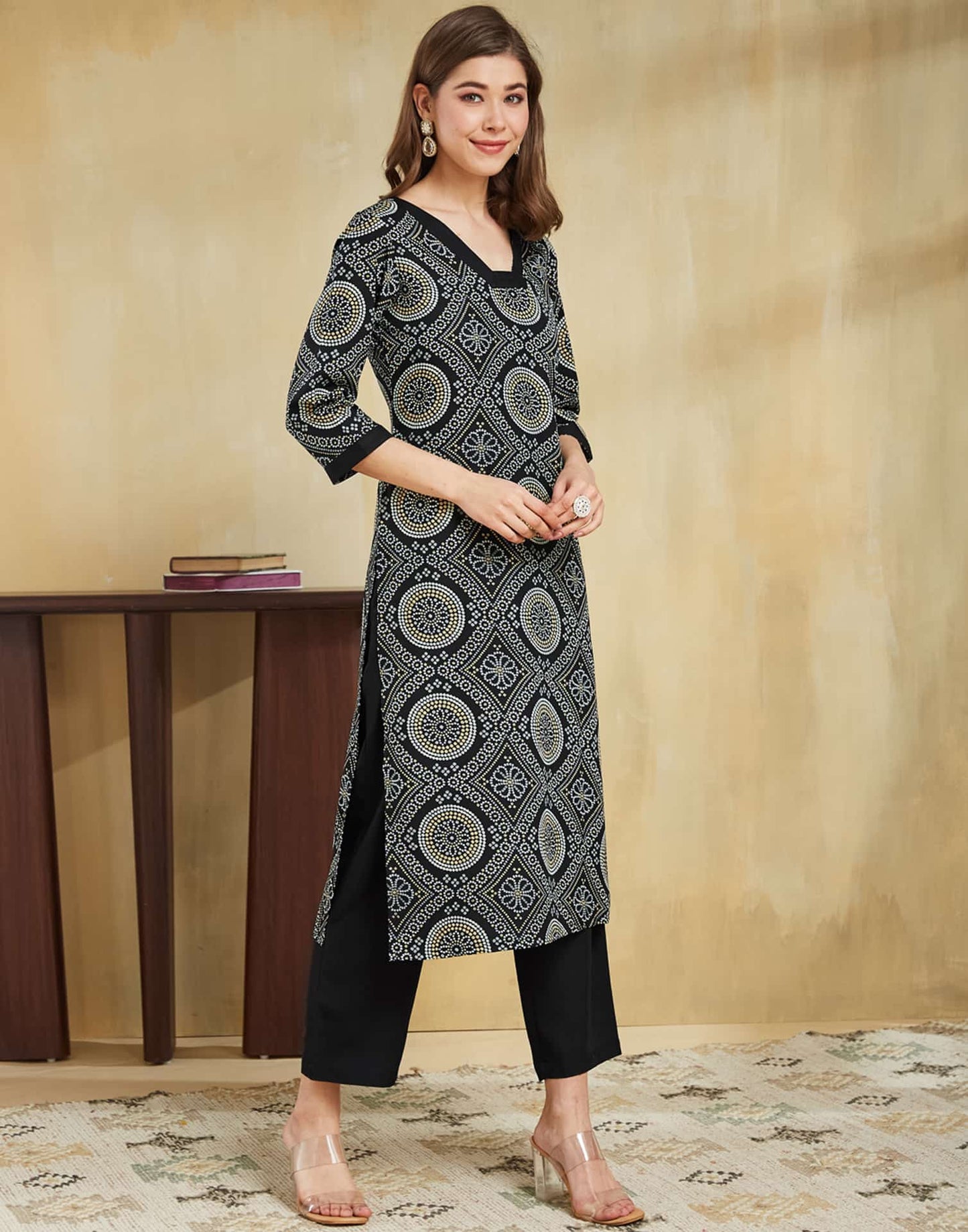 Crepe Bandhani Print and Lace Straight Kurta with Pant & Dupatta