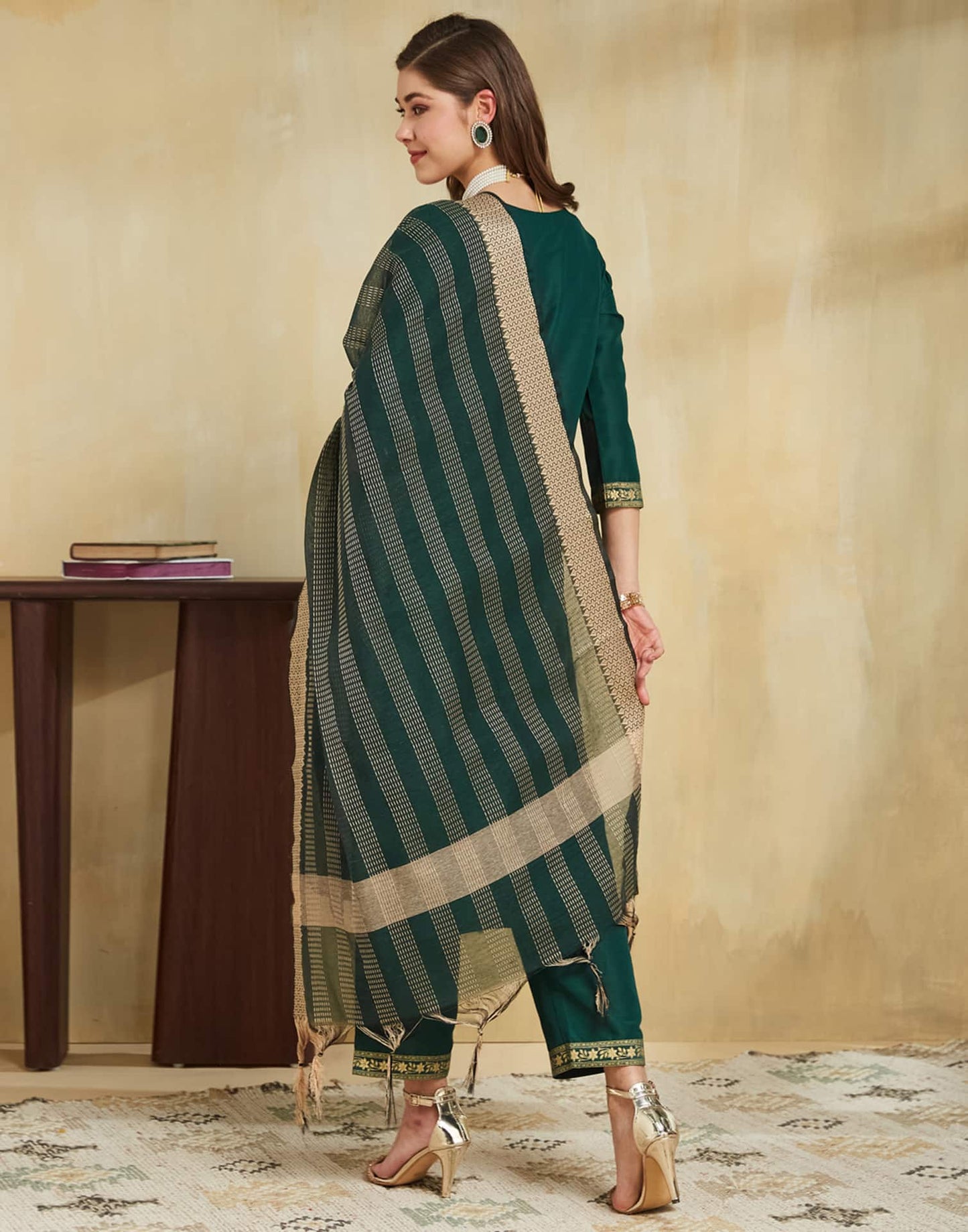 Cotton Blend Foil Printed and Foil Printed Lace Straight Kurta with Pant & Dupatta