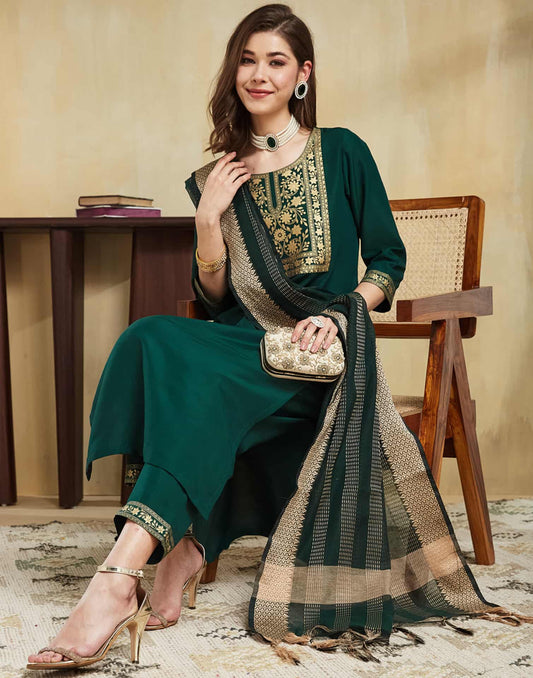 Cotton Blend Foil Printed and Foil Printed Lace Straight Kurta with Pant & Dupatta