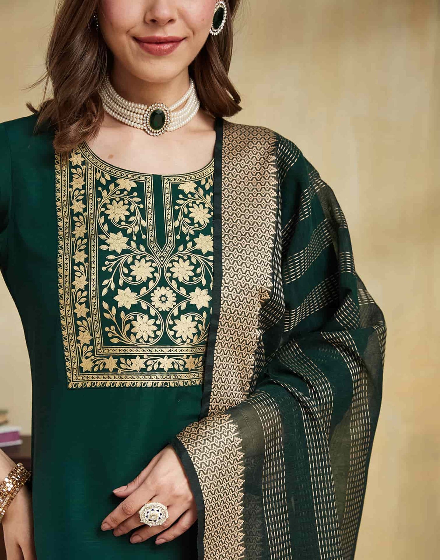 Cotton Blend Foil Printed and Foil Printed Lace Straight Kurta with Pant & Dupatta