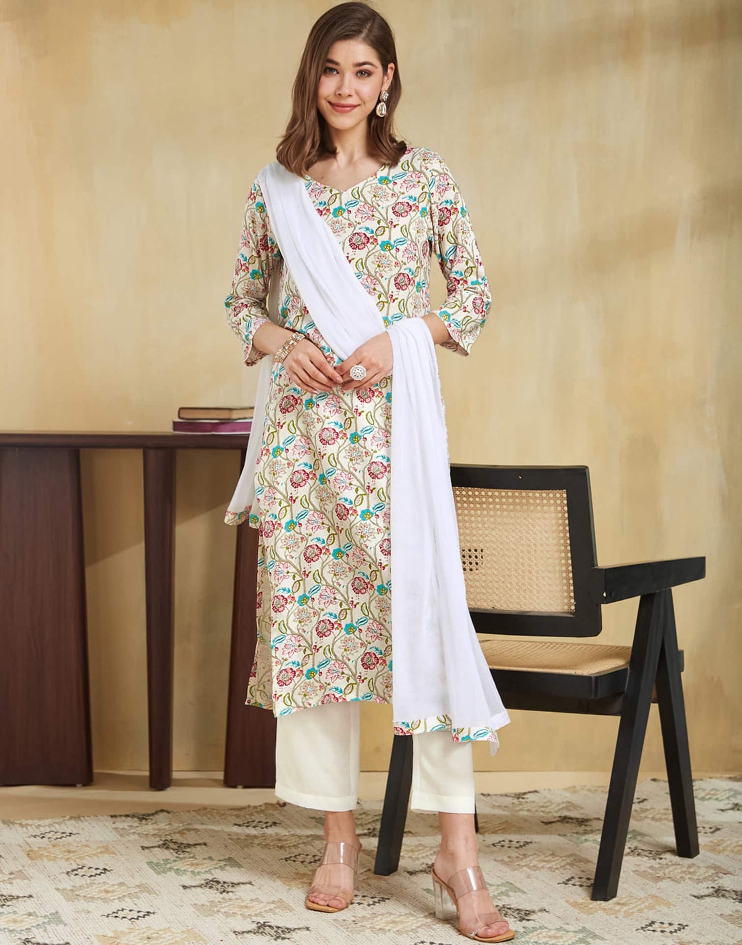 Rayon Printed Straight Kurta with Pant & Dupatta