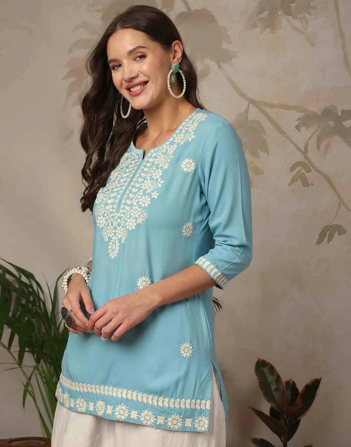 Rayon Chikankari Straight Round Neck Short Kurti