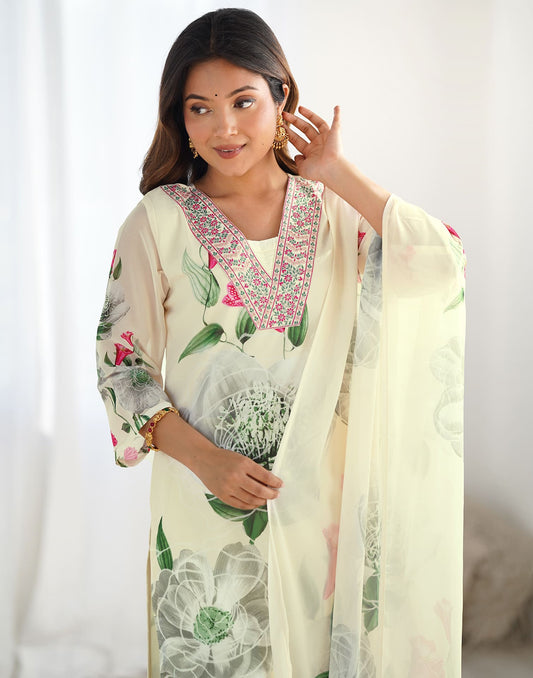 Georgette Floral Printed and Embroidery Straight Kurta with Pant & Dupatta