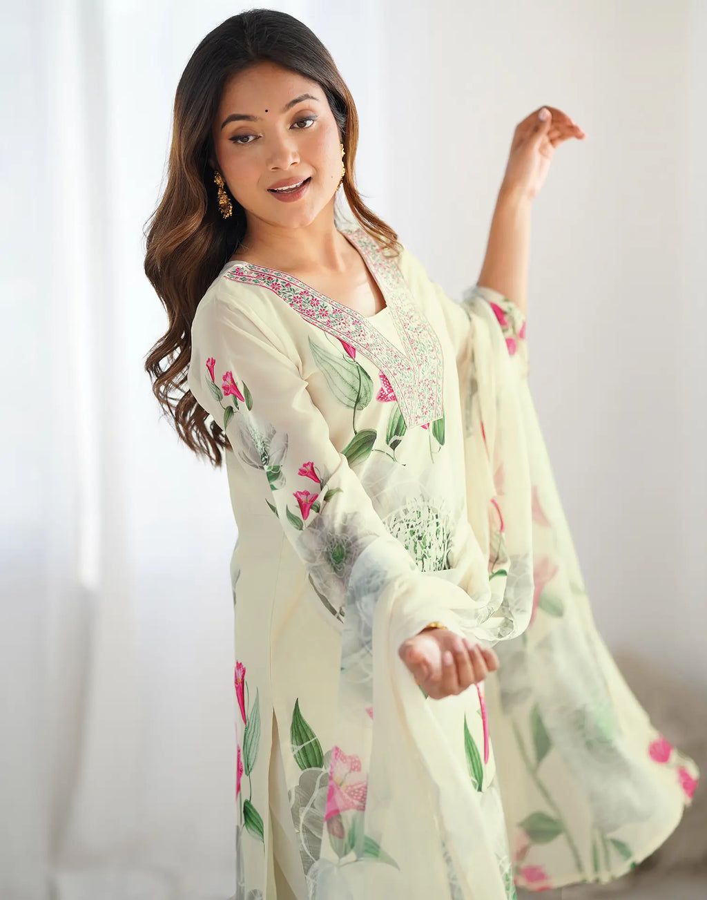 Georgette Floral Print Straight 3 Piece Kurta Set