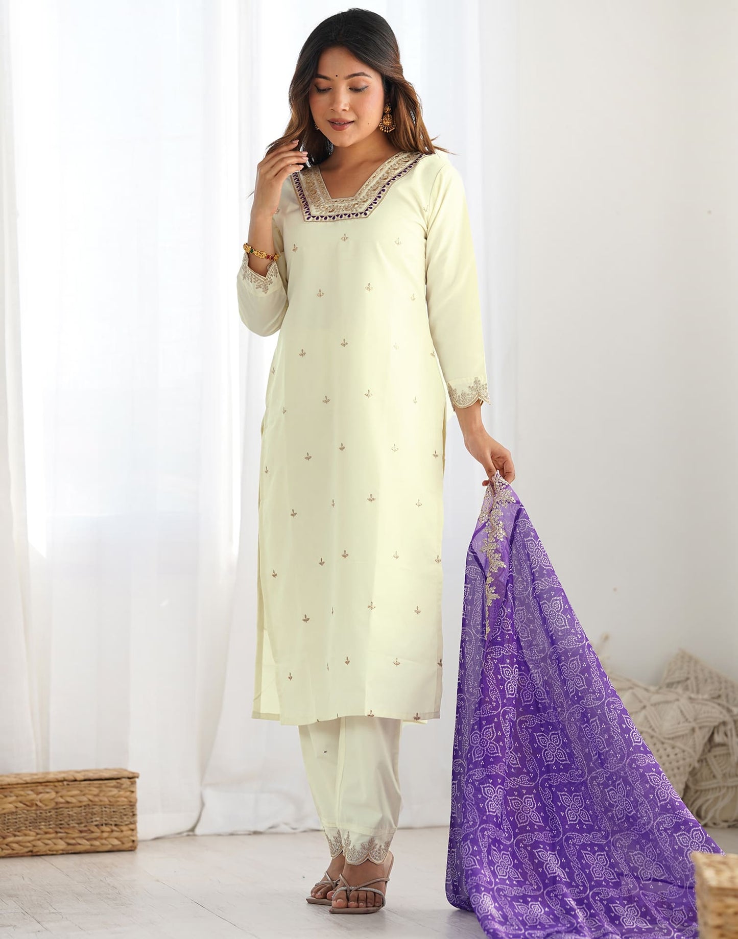 Silk Embroidery and Sequin Work Straight Kurta with Pant & Dupatta