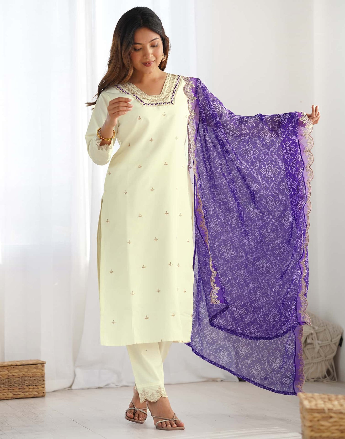 Silk Embroidery and Sequin Work Straight Kurta with Pant & Dupatta