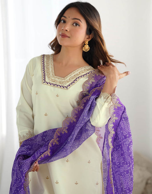 Silk Embroidery and Sequin Work Straight Kurta with Pant & Dupatta