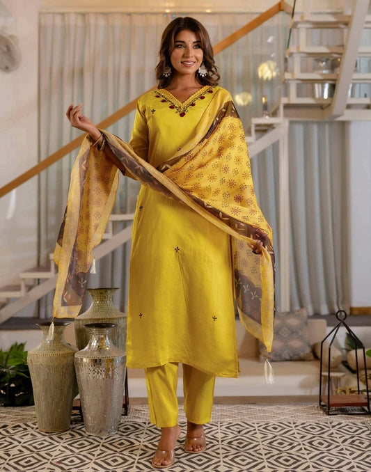 Silk Embroidery, Mirror Work and Lace Straight Kurta with Pant & Dupatta