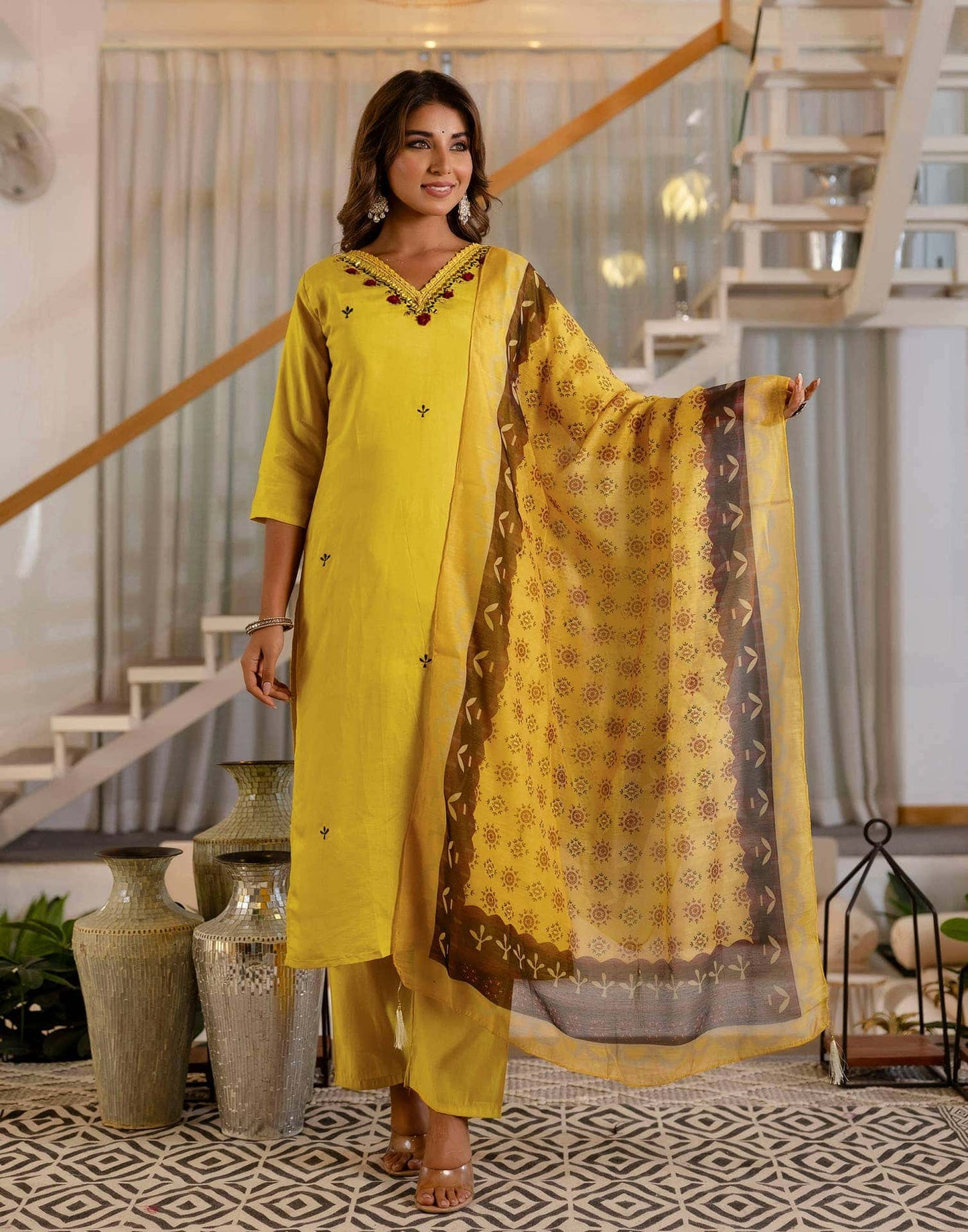 Silk Embroidery, Mirror Work and Lace Straight Kurta with Pant & Dupatta