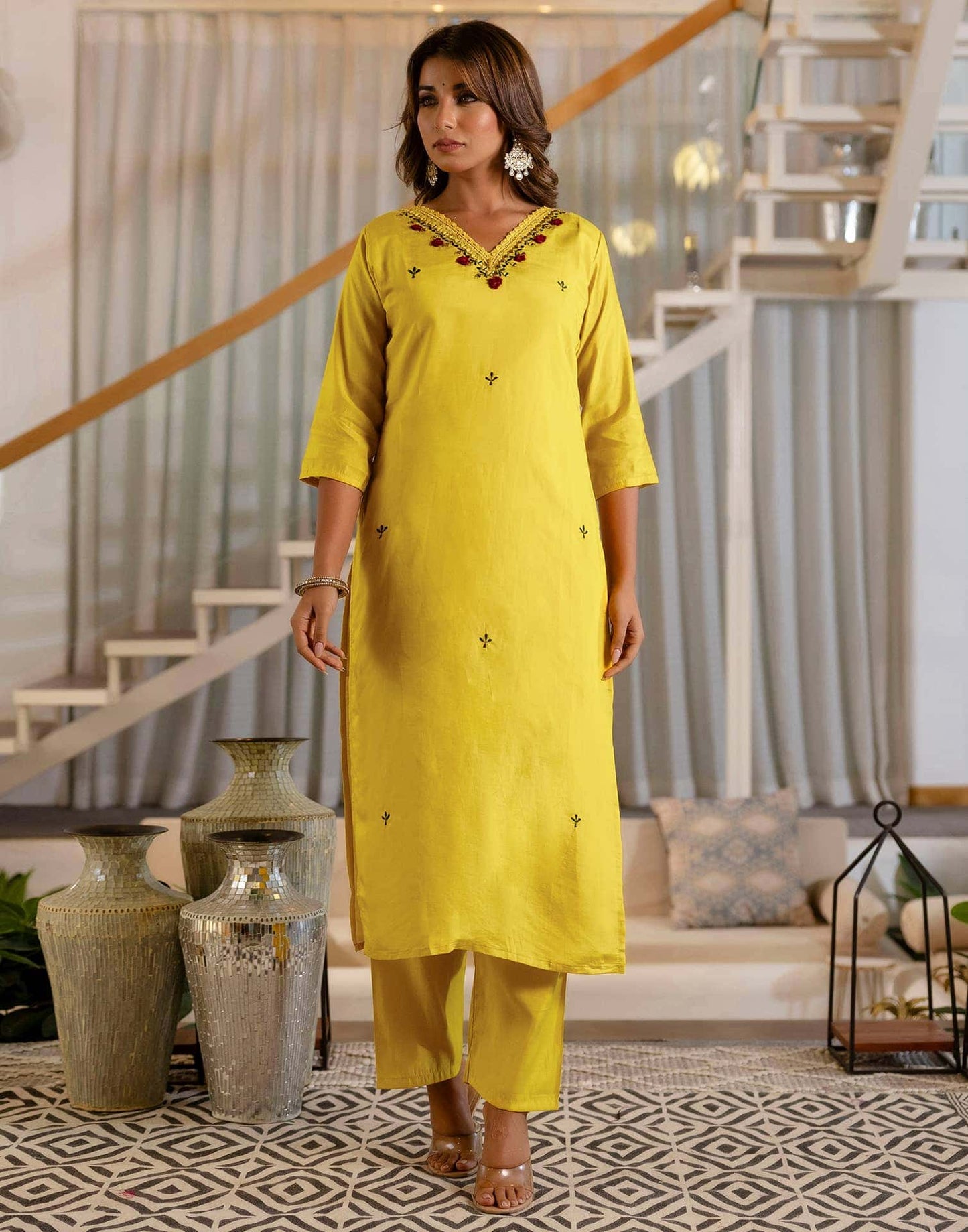 Silk Embroidery, Mirror Work and Lace Straight Kurta with Pant & Dupatta