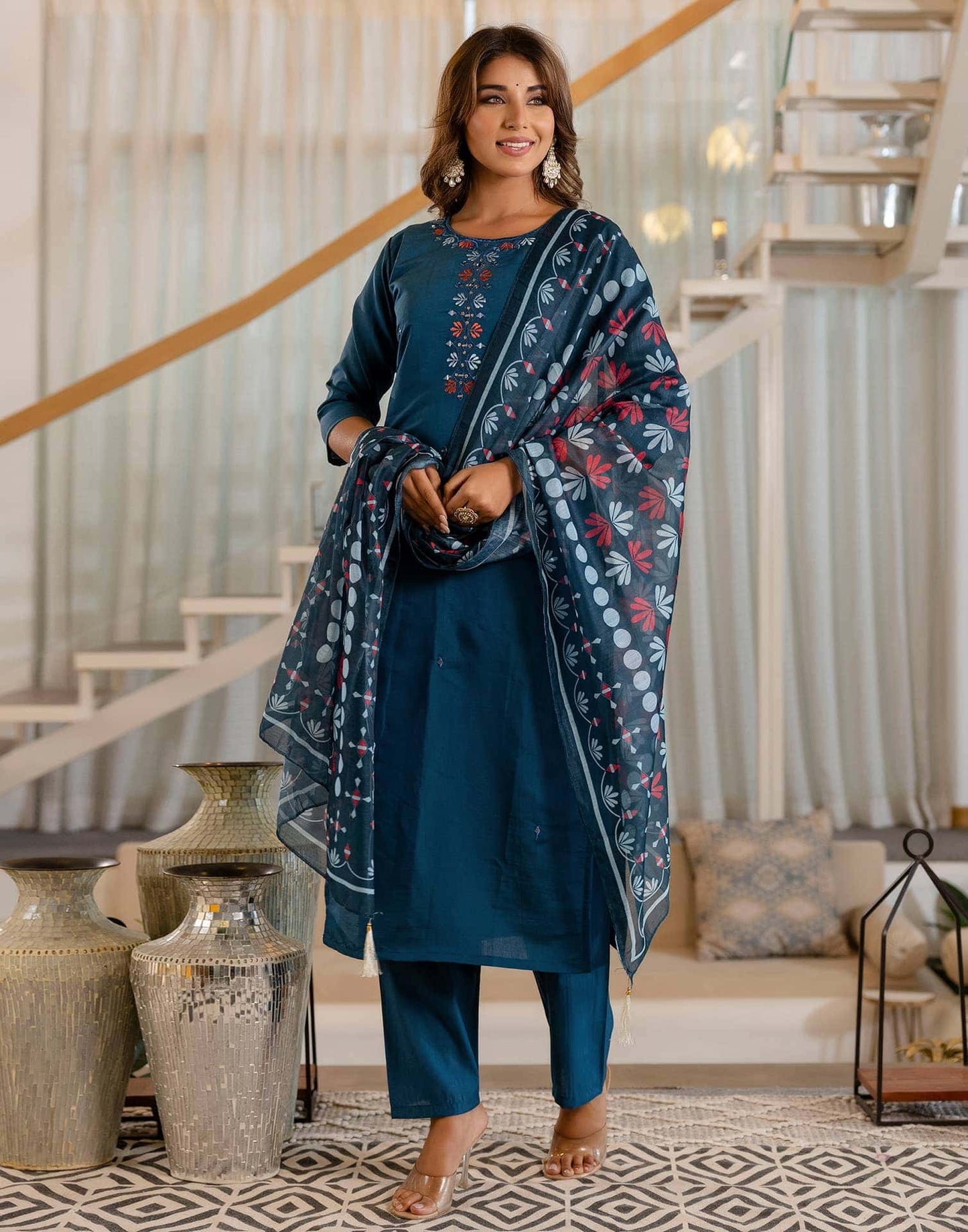 Silk Embroidery and Mirror Work Straight Kurta with Pant & Dupatta
