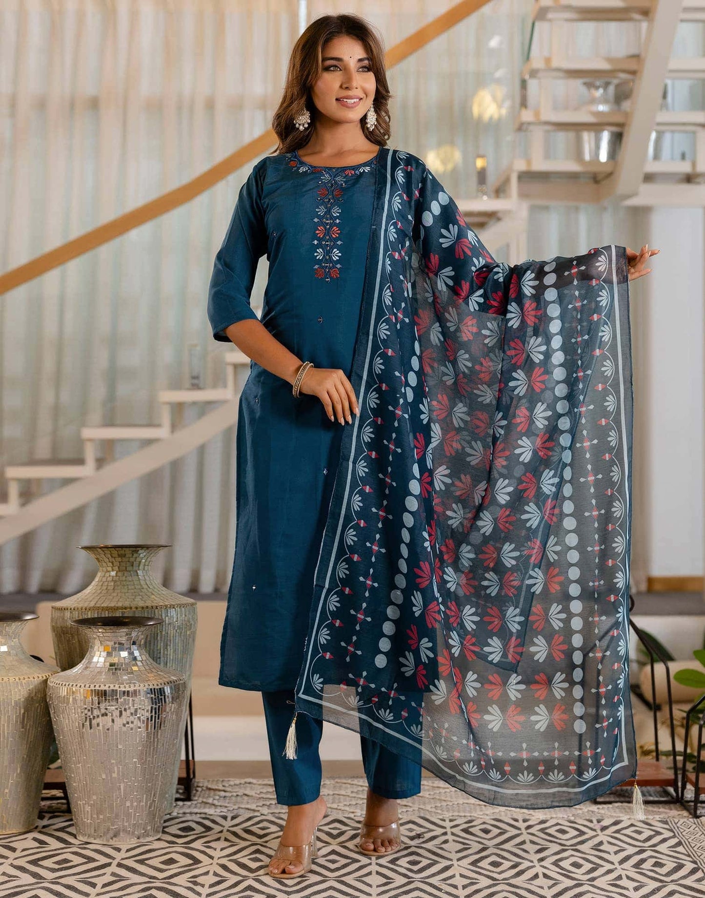 Silk Embroidery and Mirror Work Straight Kurta with Pant & Dupatta