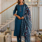 Silk Embroidery and Mirror Work Straight Kurta with Pant & Dupatta