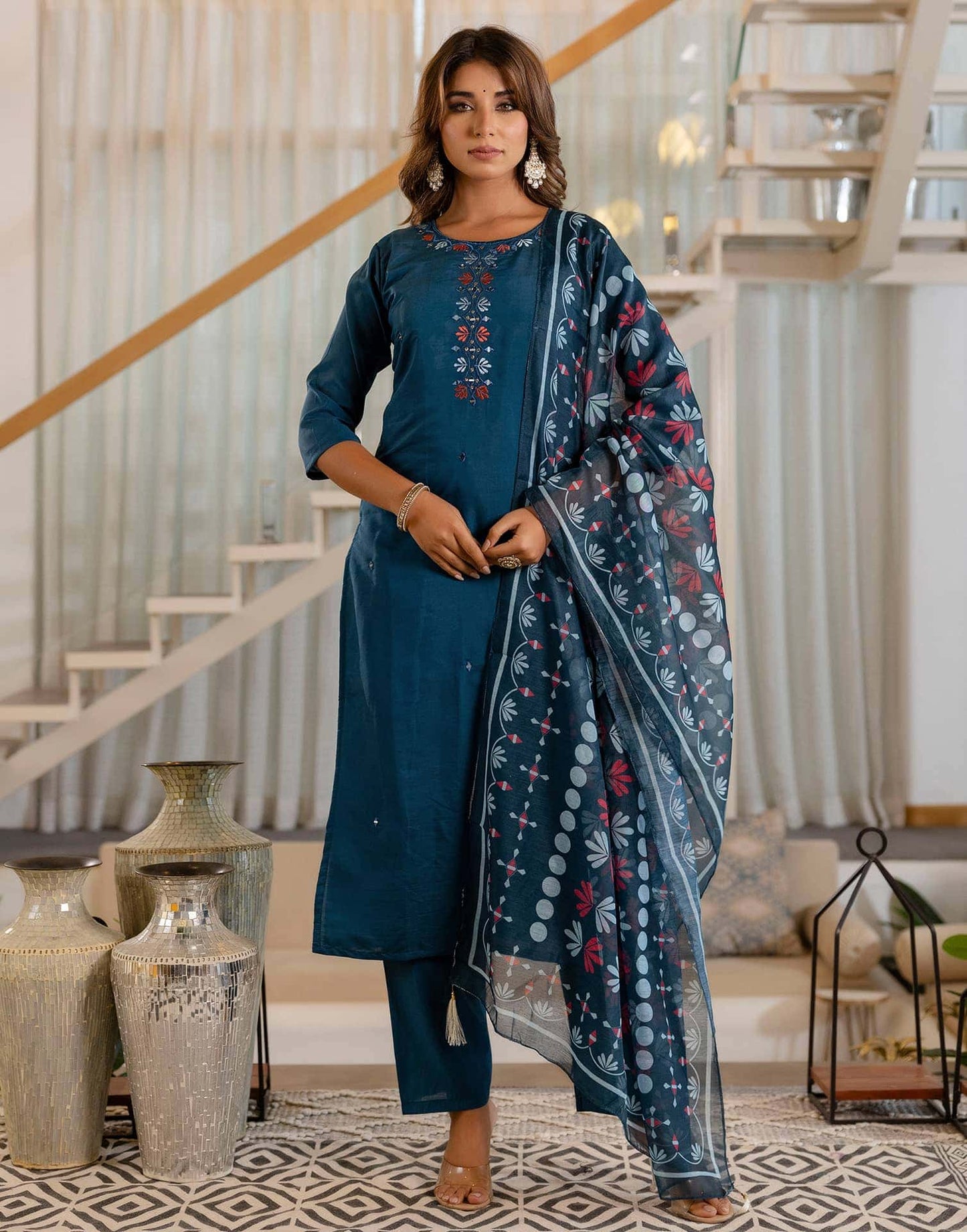 Silk Embroidery and Mirror Work Straight Kurta with Pant & Dupatta