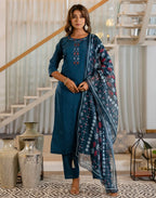 Silk Embroidered Straight 3 Piece Kurta Set