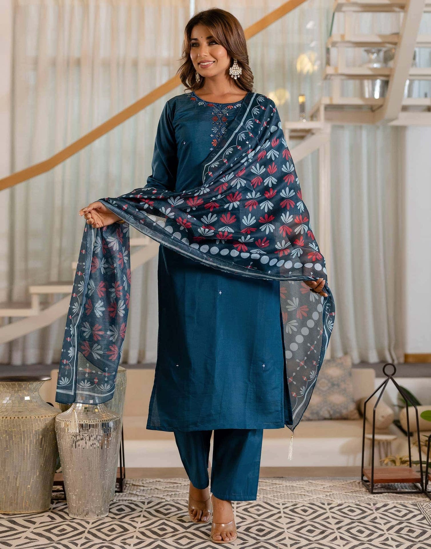 Silk Embroidery and Mirror Work Straight Kurta with Pant & Dupatta