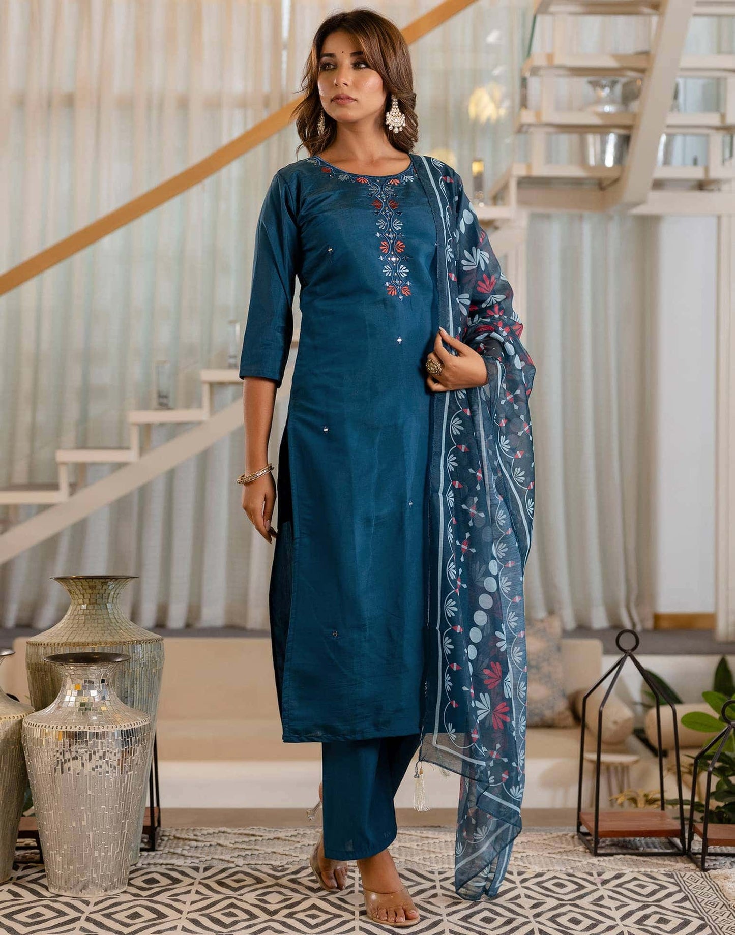 Silk Embroidery and Mirror Work Straight Kurta with Pant & Dupatta
