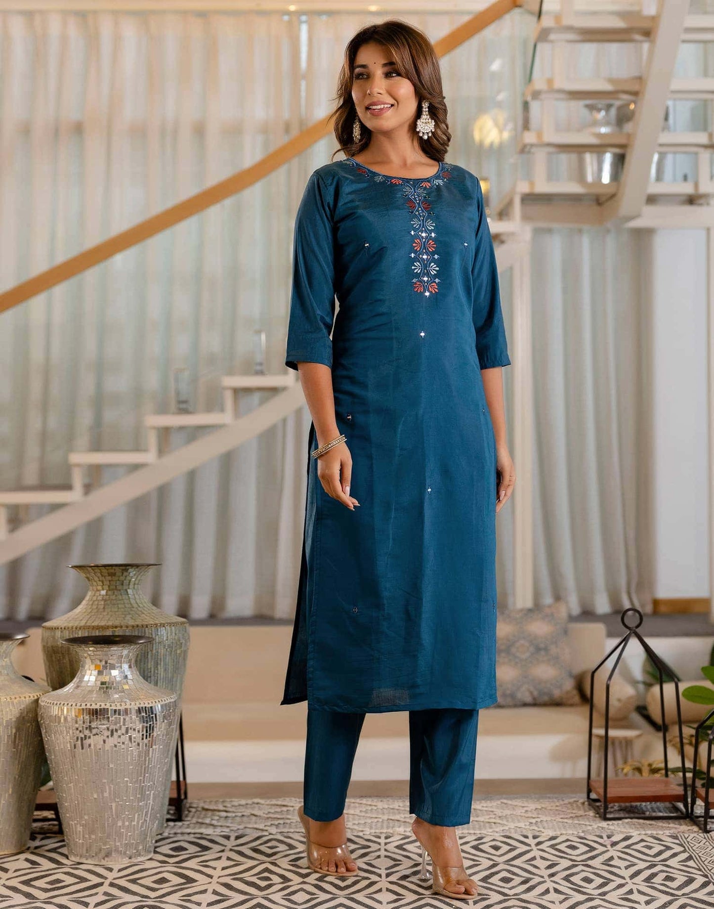 Silk Embroidery and Mirror Work Straight Kurta with Pant & Dupatta