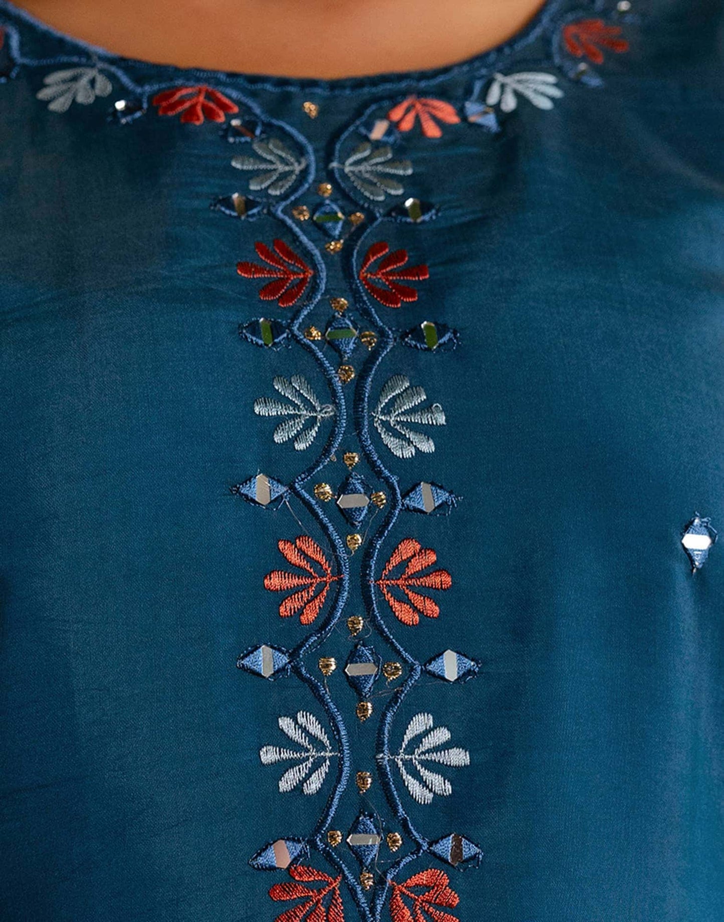 Silk Embroidery and Mirror Work Straight Kurta with Pant & Dupatta