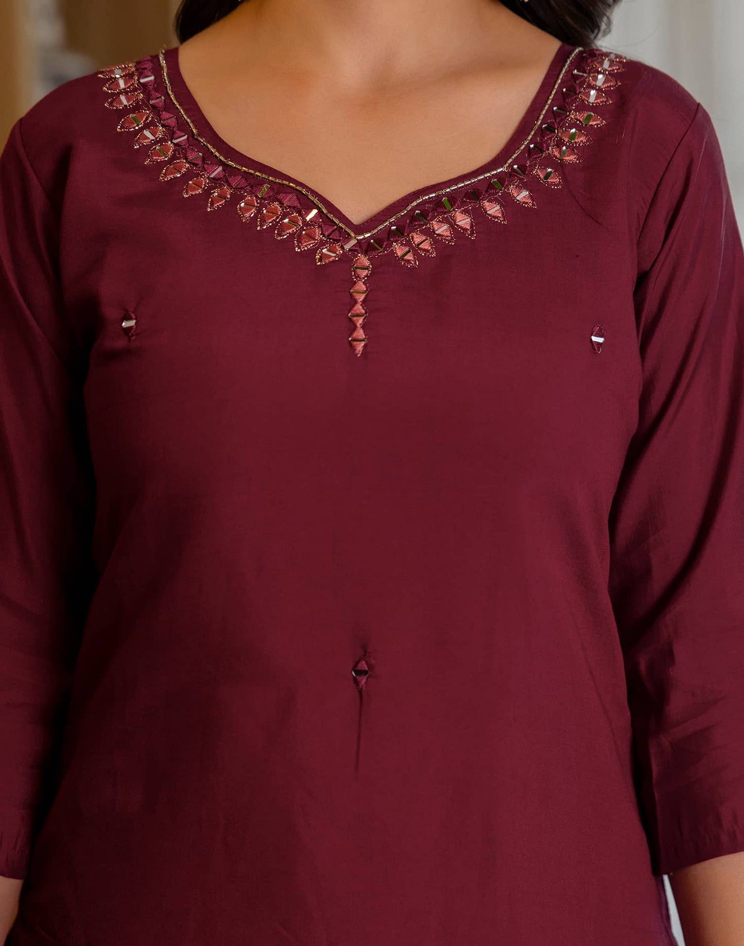 Silk Embroidery and Mirror Work Straight Kurta with Pant & Dupatta