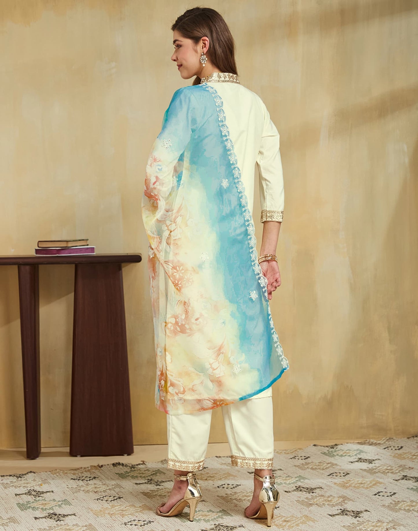 Silk Embroidered Straight Kurta with Pant & Dupatta