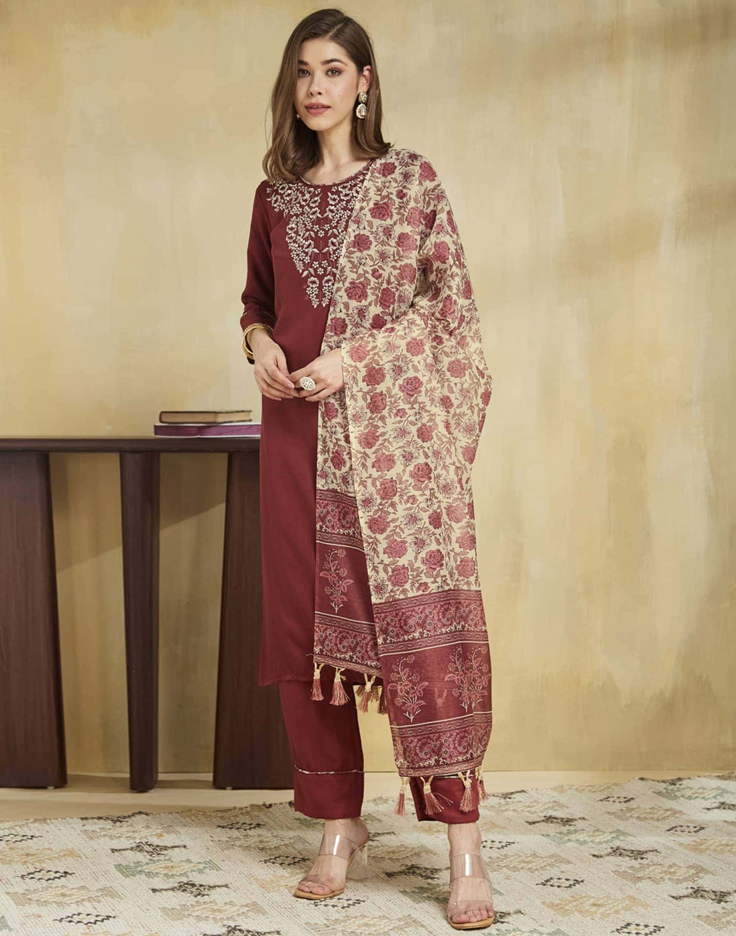 Silk Embroidery Work Straight Kurta with Pant & Dupatta
