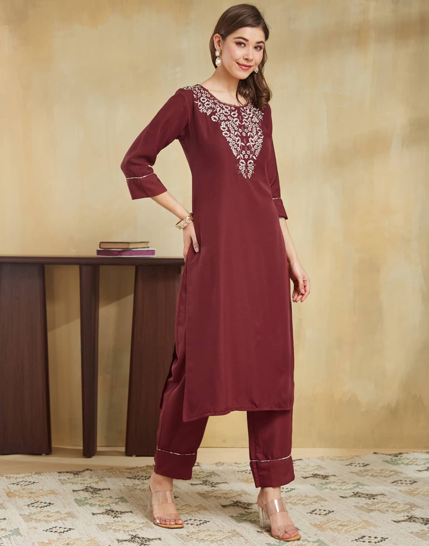 Silk Embroidery Work Straight Kurta with Pant & Dupatta