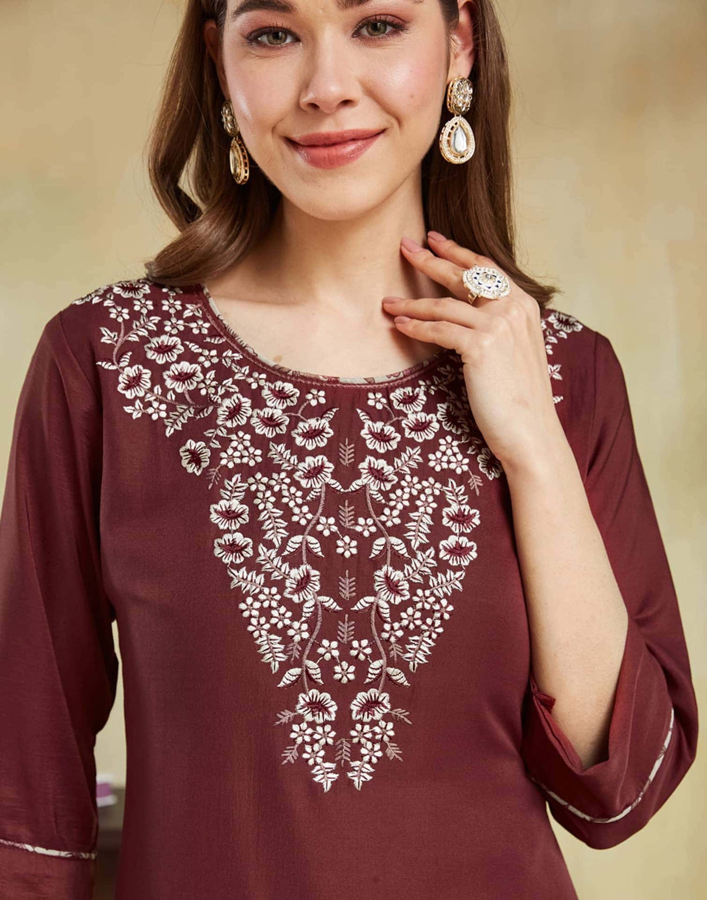 Silk Embroidery Work Straight Kurta with Pant & Dupatta