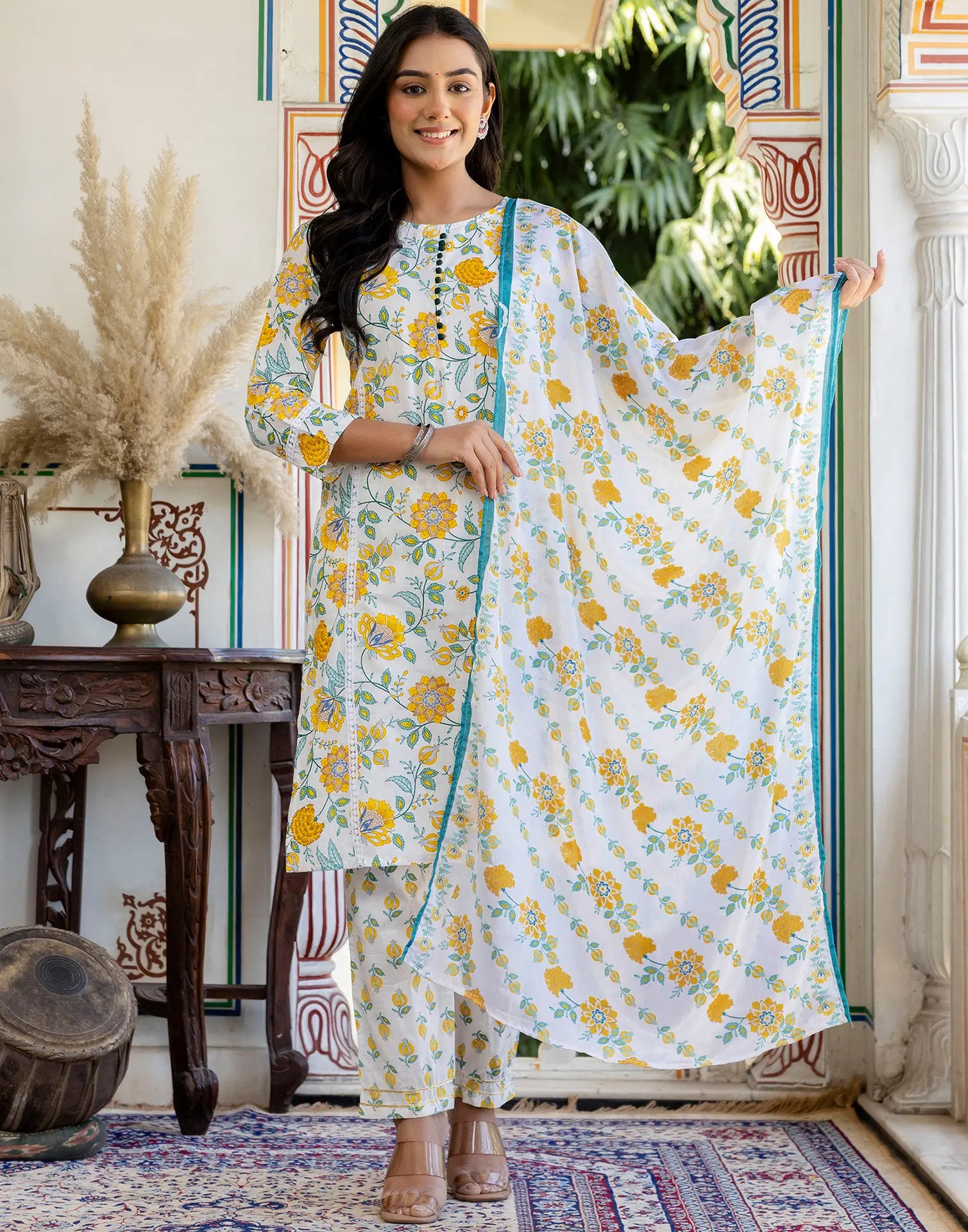 Viscose Rayon Floral Print Straight 3 Piece Kurta Set