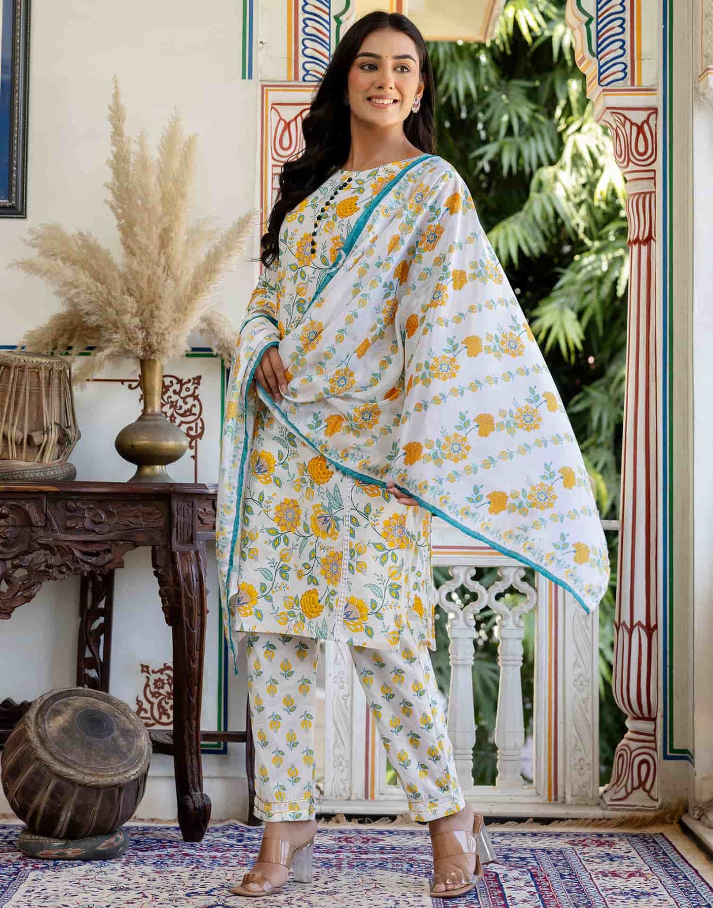 Cotton Floral Print A-Line Kurta with Pant & Dupatta