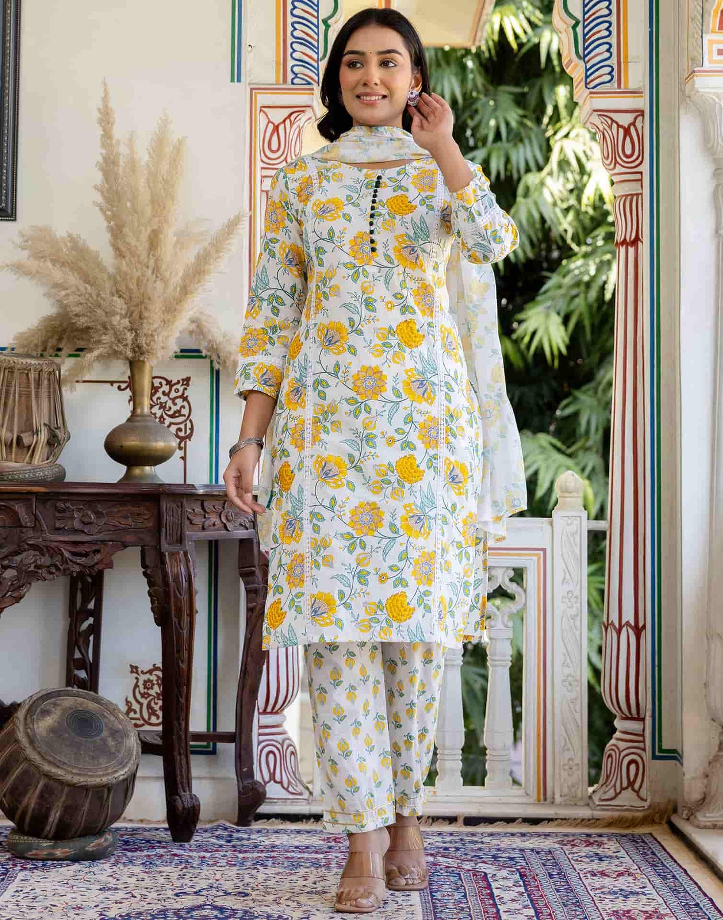 Cotton Floral Print A-Line Kurta with Pant & Dupatta