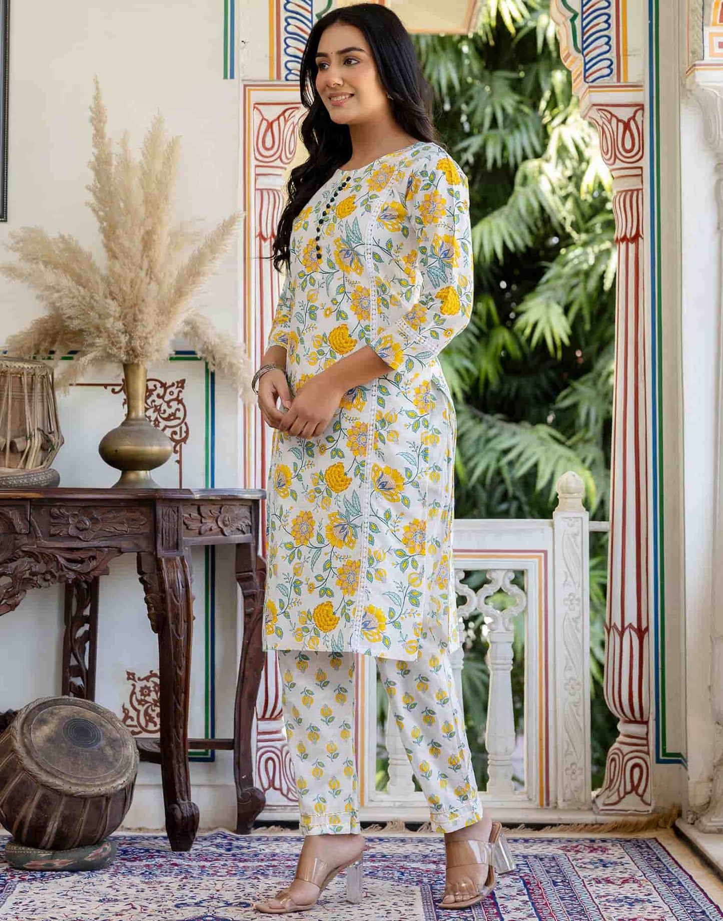 Cotton Floral Print A-Line Kurta with Pant & Dupatta