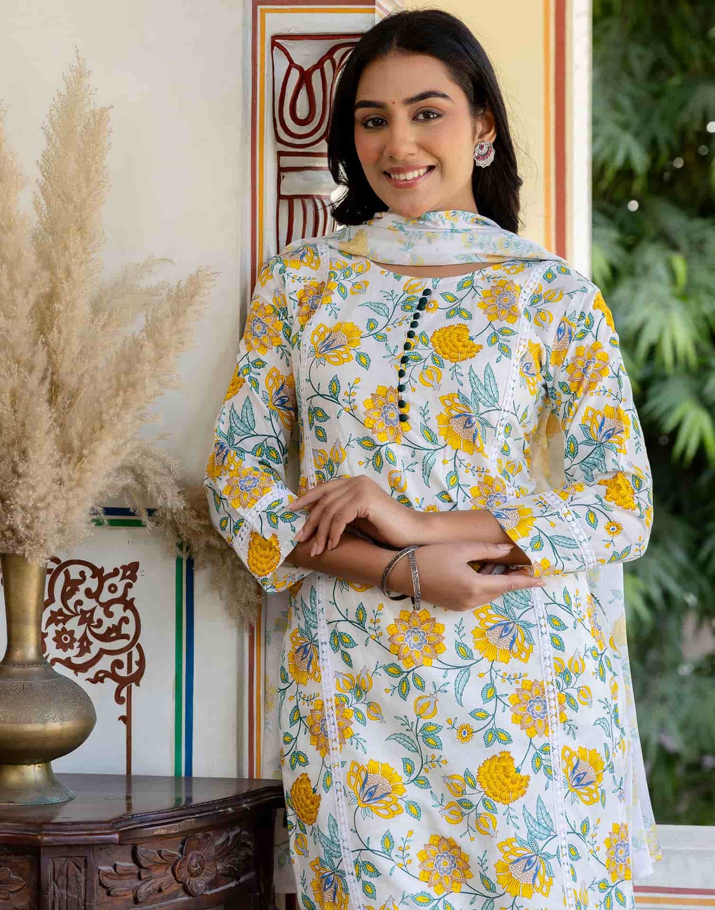 Cotton Floral Print A-Line Kurta with Pant & Dupatta