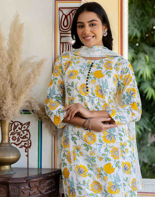 Cotton Floral Print A-Line Kurta with Pant & Dupatta