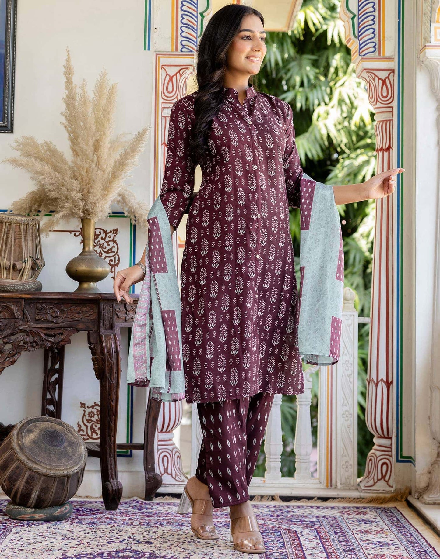 Rayon Printed Straight Kurta with Pant & Dupatta