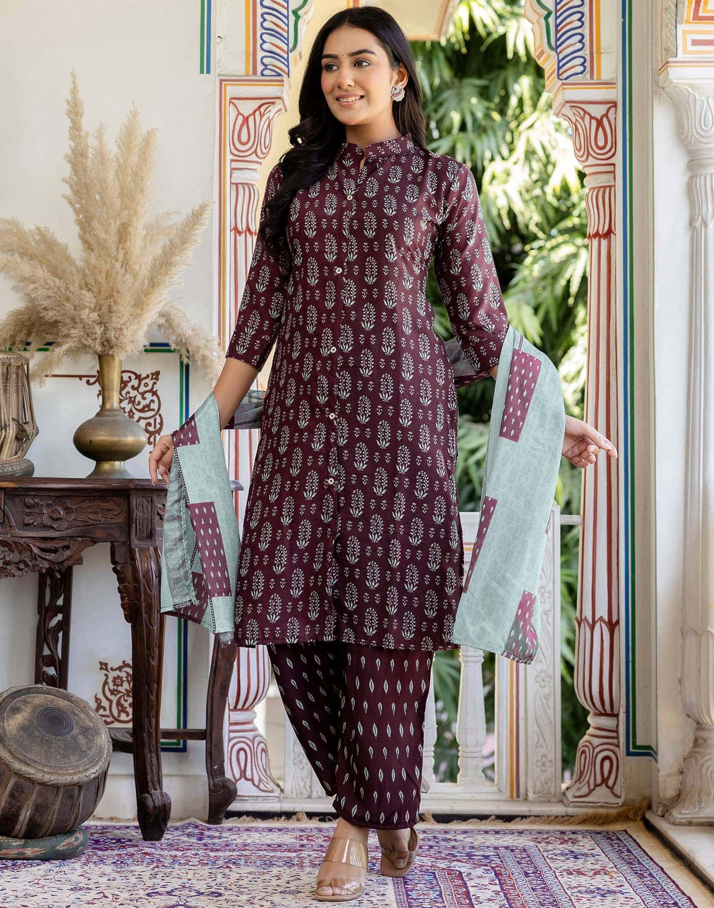 Rayon Printed Straight Kurta with Pant & Dupatta
