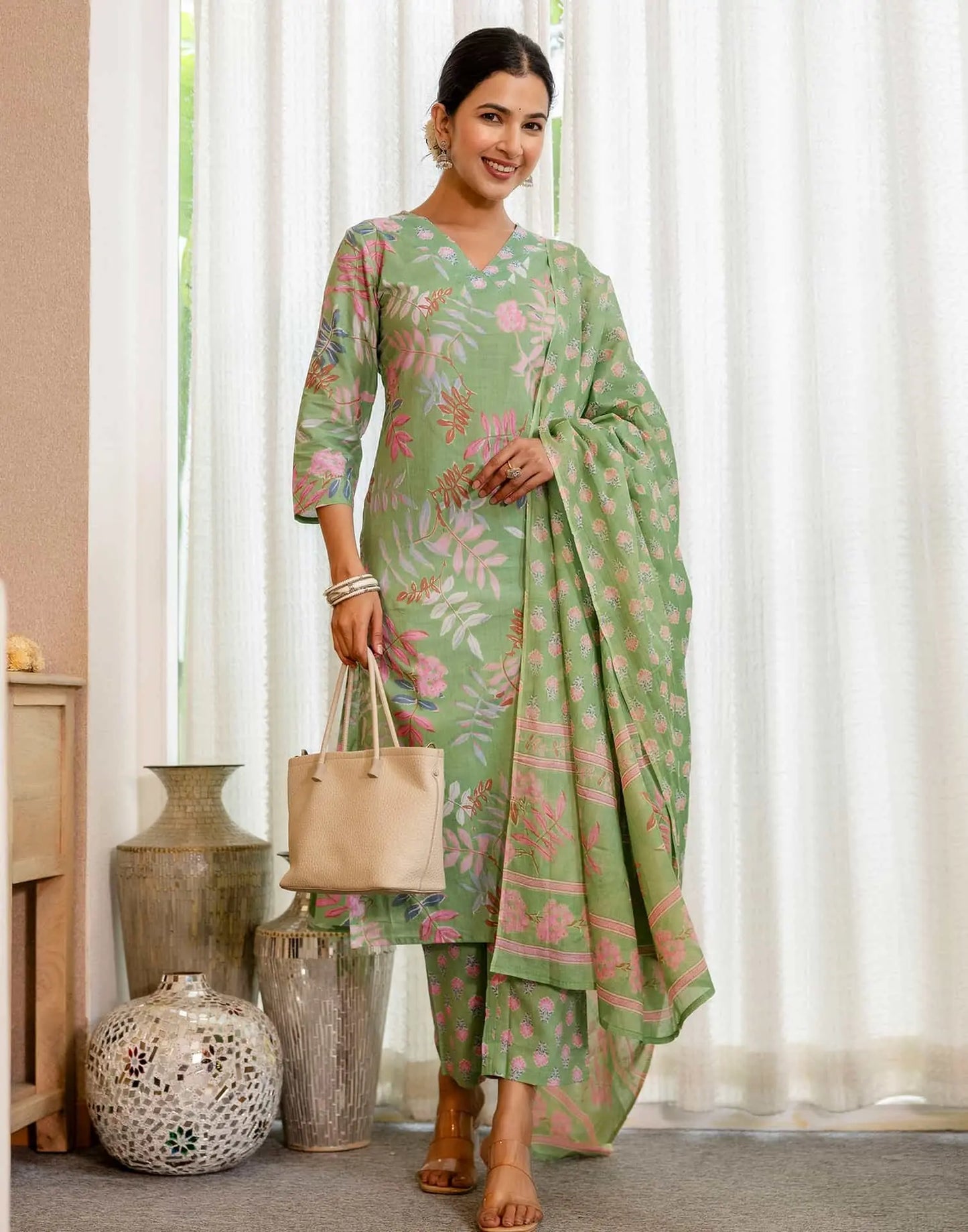 Skylee Light Green Cotton Printed Straight Kurta Set for Women