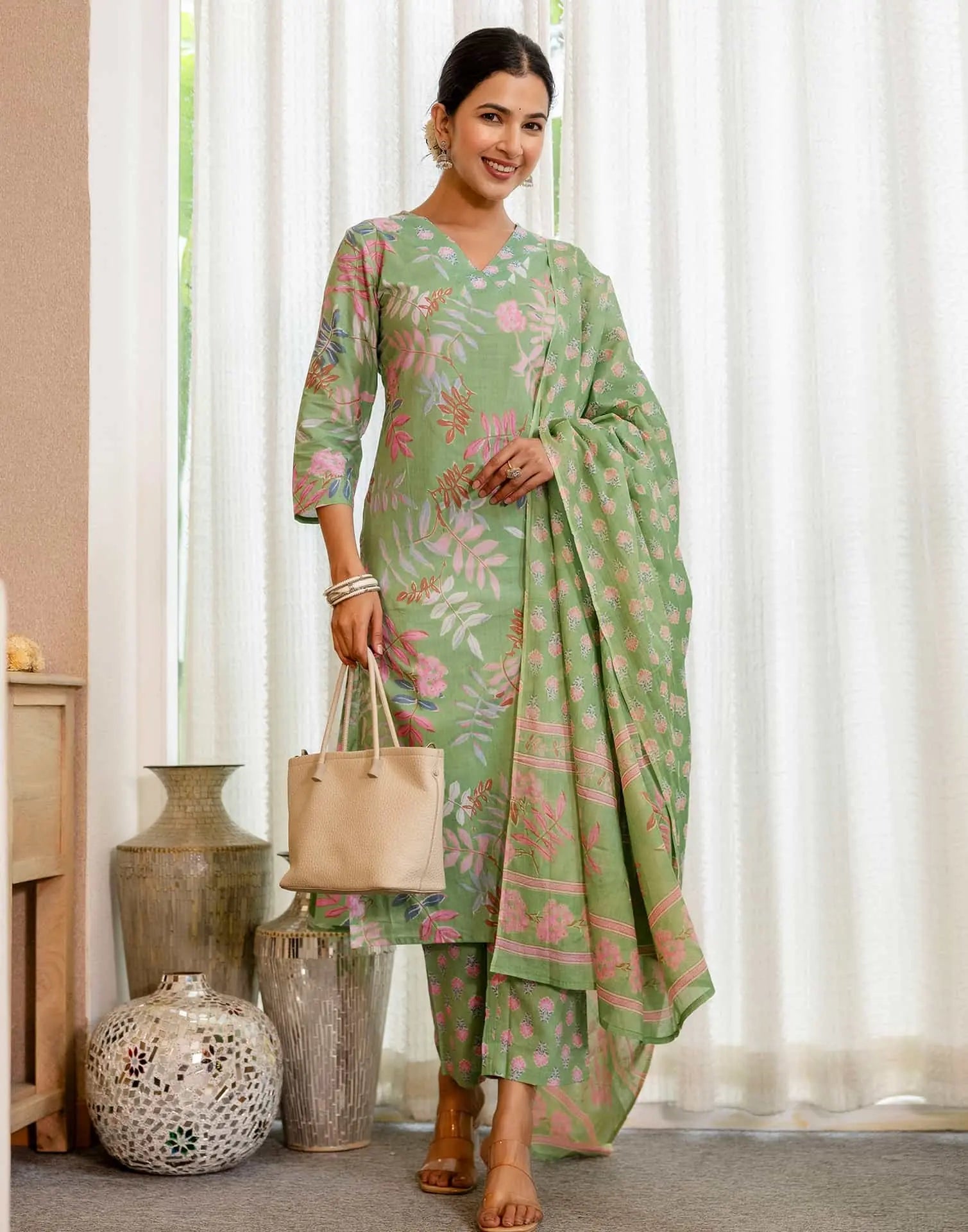 Skylee Light Green Cotton Printed Straight Kurta Set for Women