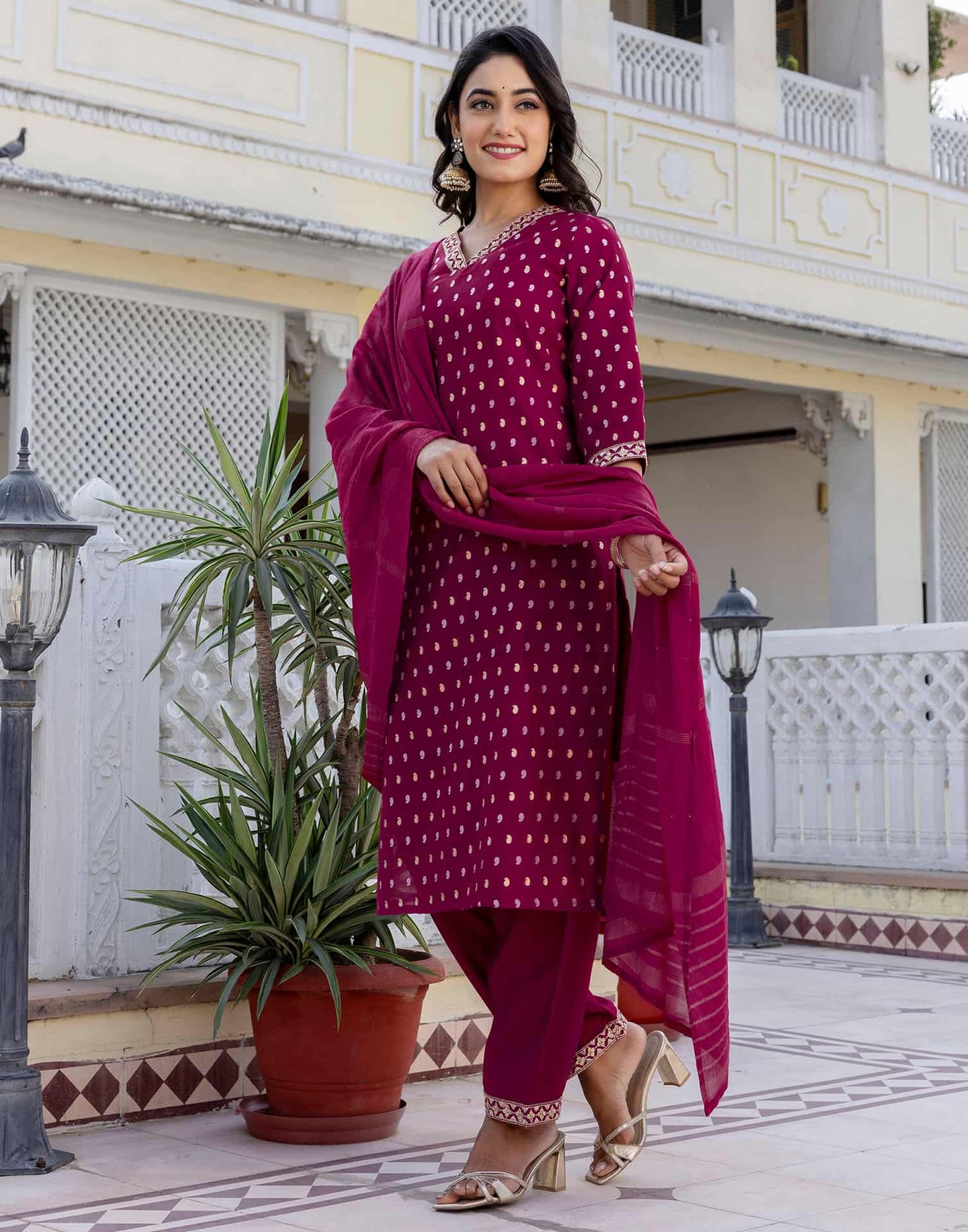 Cotton Woven Design A-Line Kurta with Pant & Dupatta