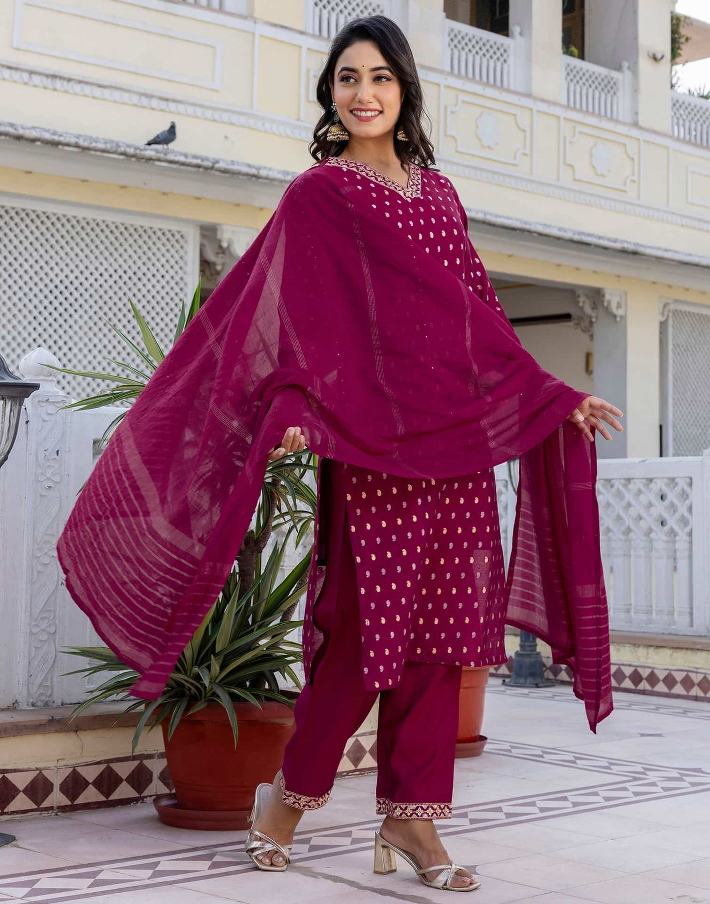 Cotton Woven Design A-Line Kurta with Pant & Dupatta