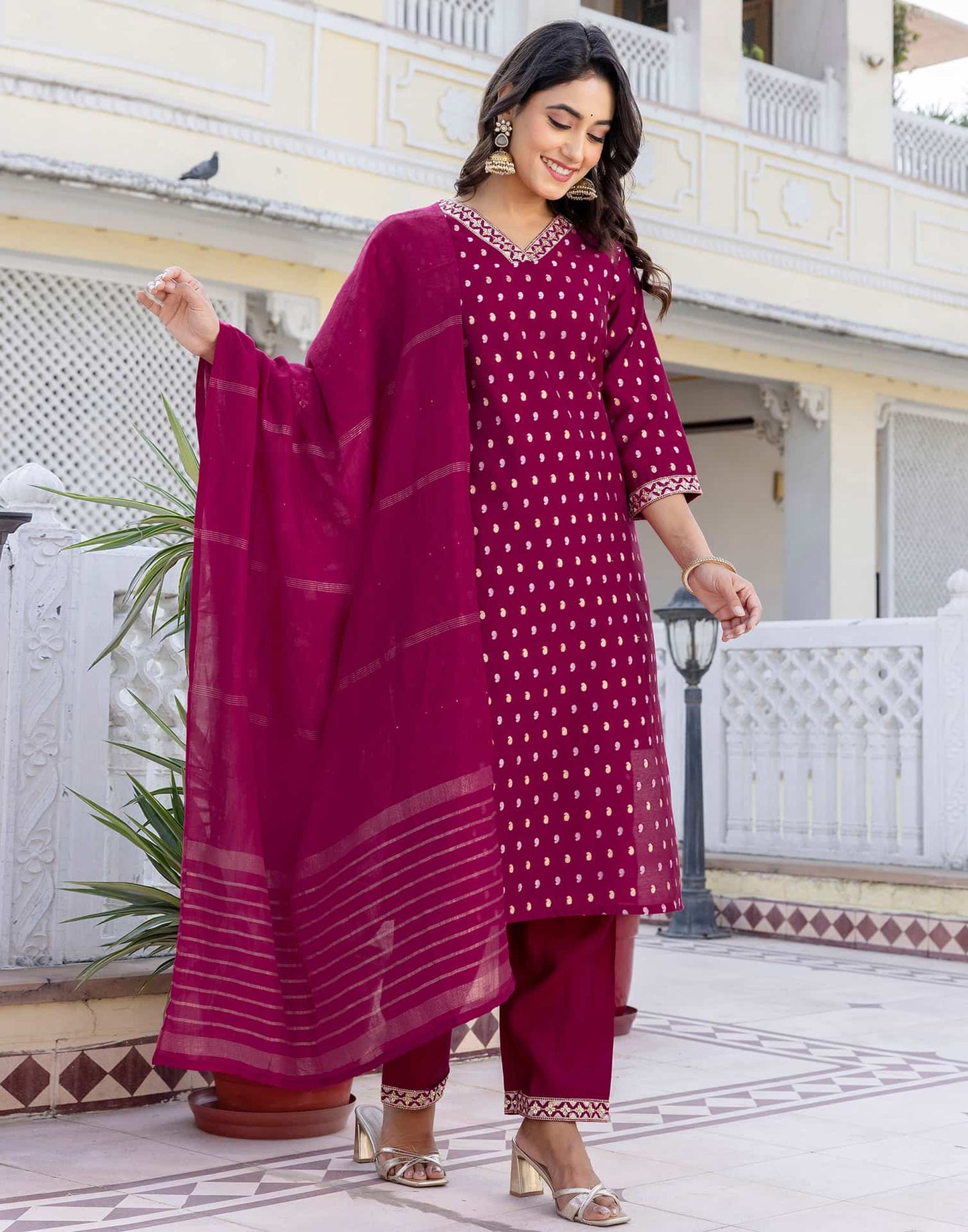 Cotton Woven Design A-Line Kurta with Pant & Dupatta