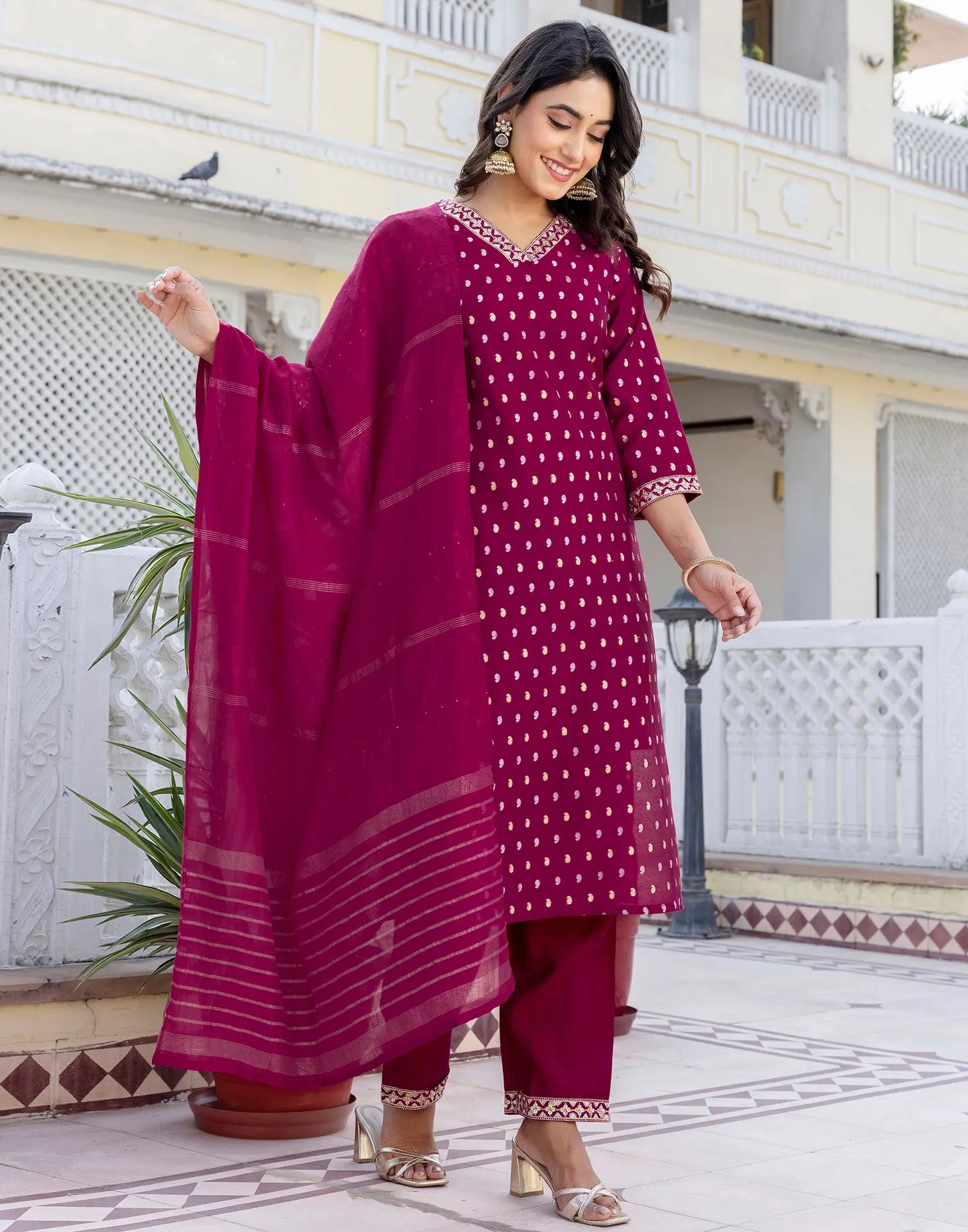 Chanderi Butti Embroidered Straight 3 Piece Kurta Set