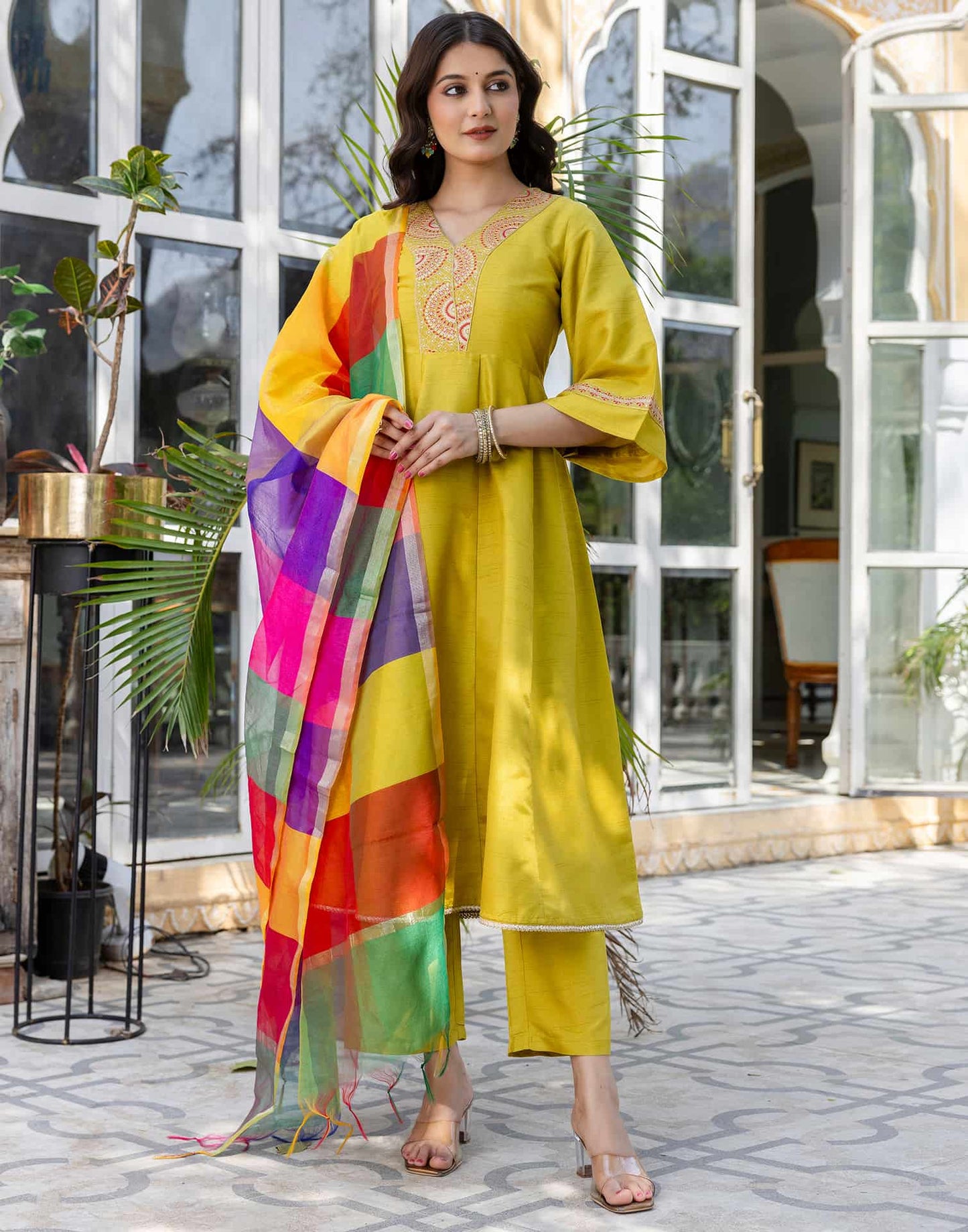 Silk Embroidered Anarkali Kurta with Pant & Dupatta
