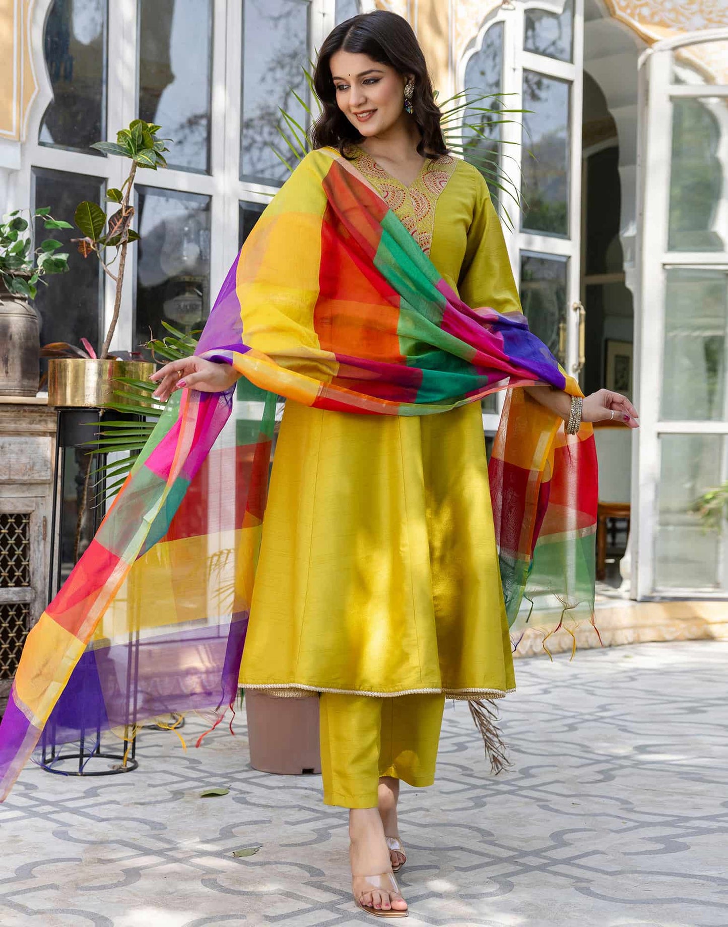 Silk Embroidered Anarkali Kurta with Pant & Dupatta