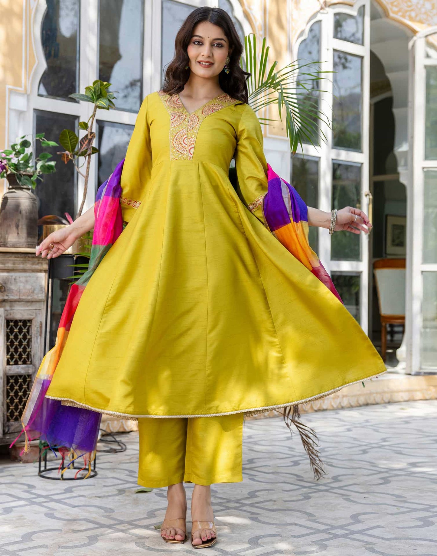 Silk Embroidered Anarkali Kurta with Pant & Dupatta
