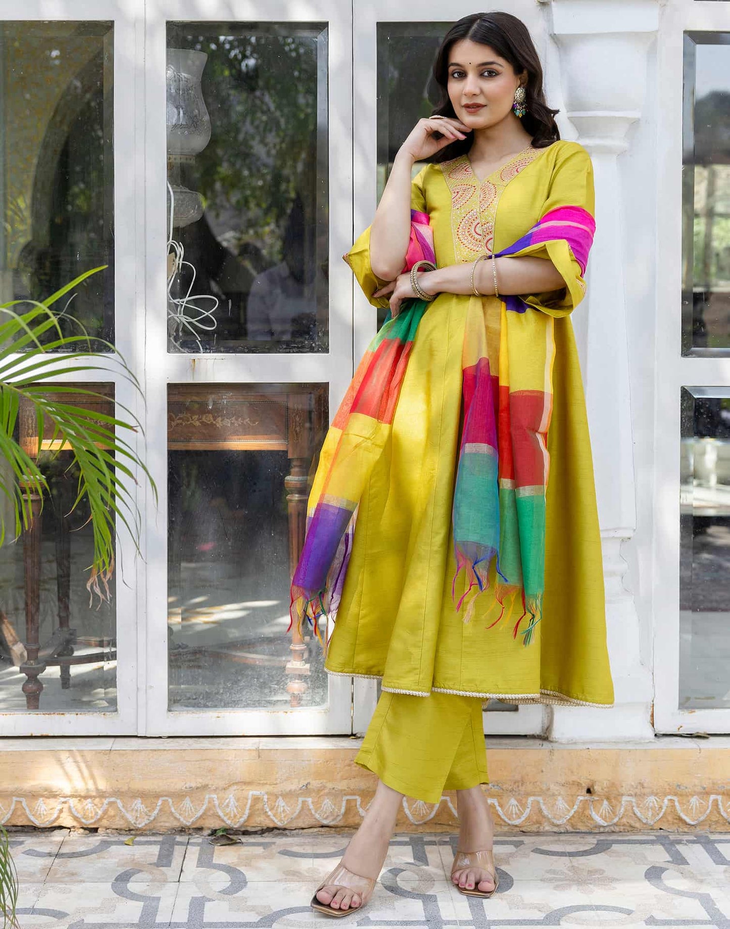 Silk Embroidered Anarkali Kurta with Pant & Dupatta