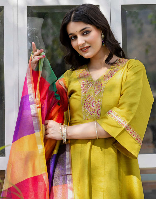Silk Embroidered Anarkali Kurta with Pant & Dupatta